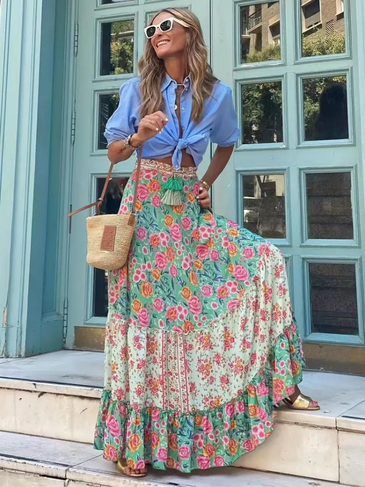 Comfortable flowing tiered maxi skirt for women, perfect for relaxed boho summer outfits.