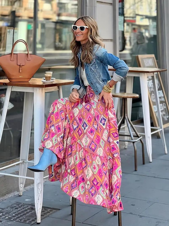 Stylish tiered boho maxi skirt with a long, flowing design, a must-have for women's summer fashion.