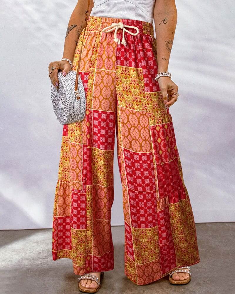 High-waist palazzo pants for women, featuring a comfortable drawstring and elegant wide leg design.