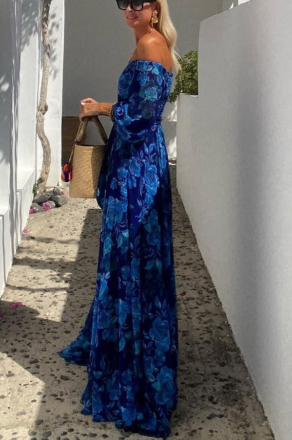 Beautiful women's floral off-shoulder maxi dress in blue, a comfortable & stylish choice for any spring or summer occasion.
