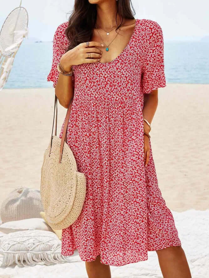 Women's flowy floral print midi dress, V-neck, short sleeve, perfect for summer casual wear & vacation.