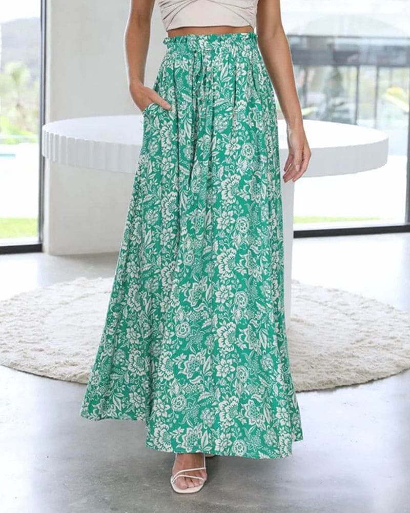 Women's flowy floral wide-leg trousers for comfortable summer casual style.