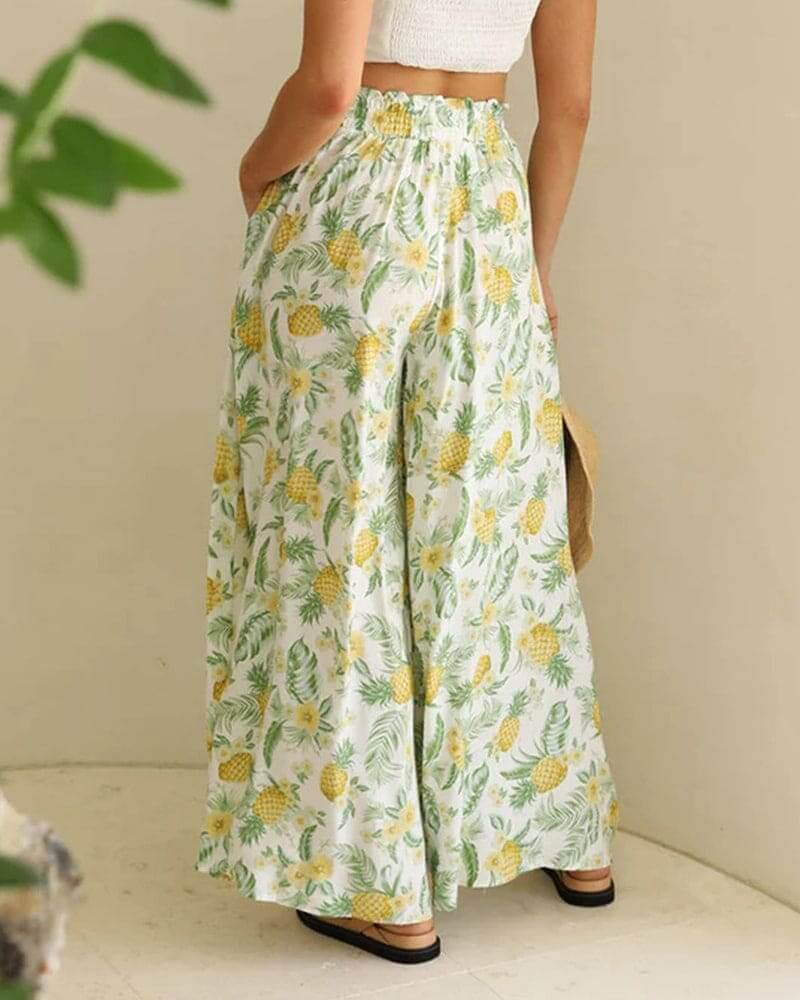 Printed floral wide-leg trousers for women, a comfortable and flowy summer fashion essential.