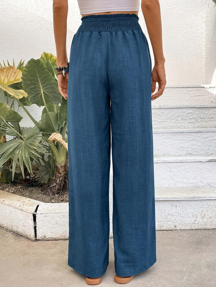 Comfortable loose fit flowy wide-leg pants, high-waisted, perfect for casual spring and summer style.