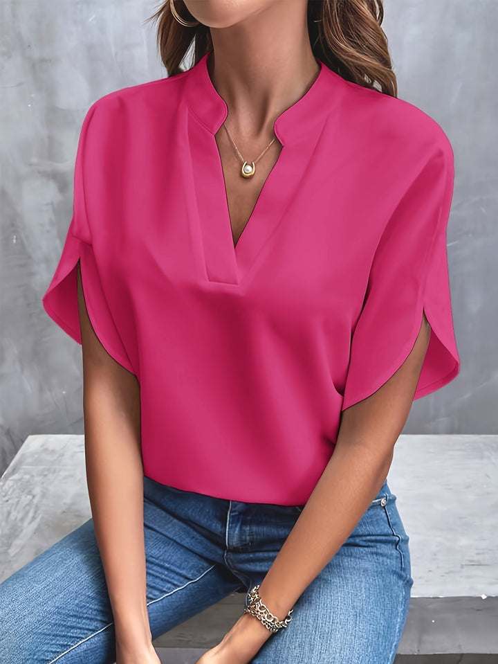 Blue versatile long sleeve women's blouse, a lightweight elegant top with a soft drape.