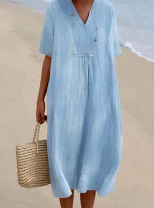 Women's flowy linen-blend midi dress, elegant summer casual style, breathable & comfortable fashion.