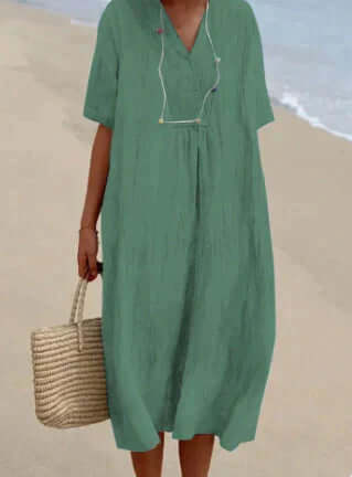 Effortless women's midi linen-blend dress, casual yet elegant, perfect for summer fashion & comfort.