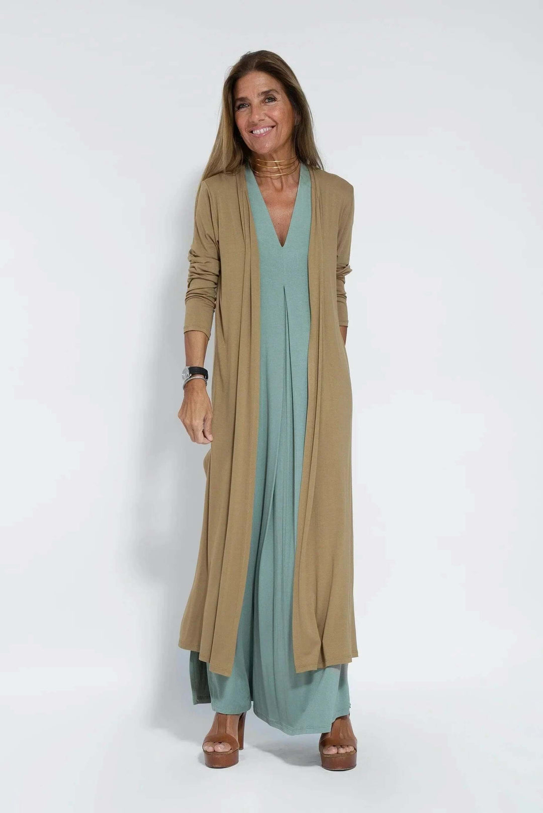 Versatile women's long flowy maxi dress and cardigan set. Comfortable spring/summer two-piece outfit.