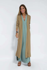Olive dress + Coffee cardigan