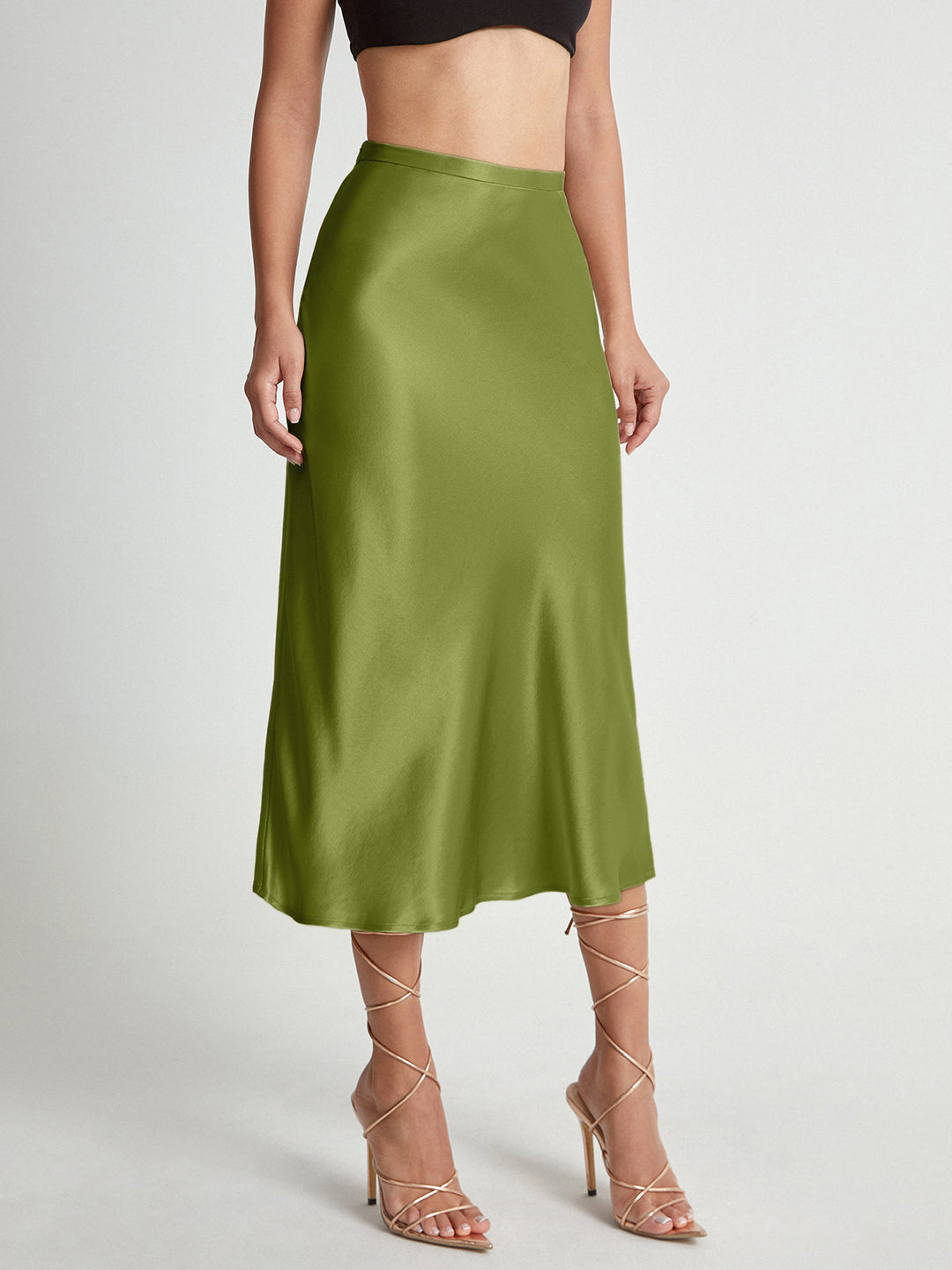 Women's flowy midi skirt, high-waisted A-line, perfect for elegant office wear or chic evening parties.