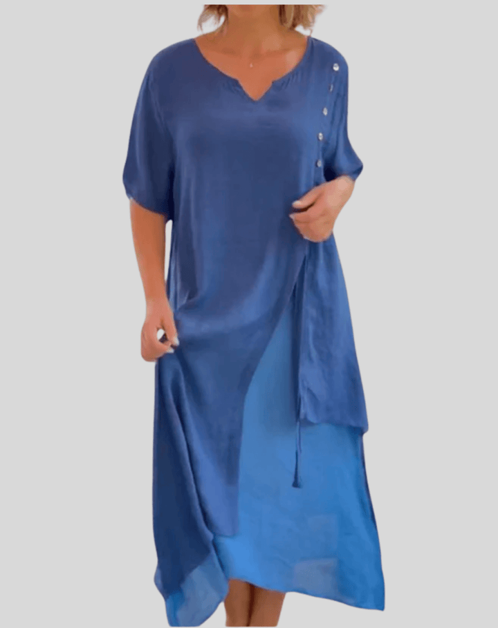 Women's flowy V-neck button-down summer midi dress in a vibrant color, perfect for beach, holiday, or casual wear.