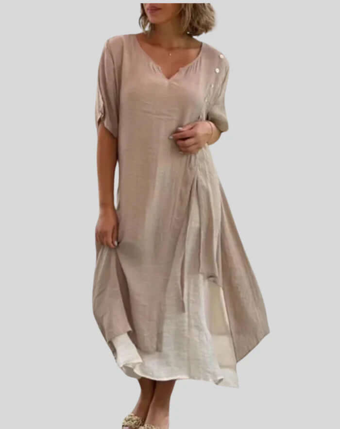 Elegant women's casual V-neck button-down dress, ideal for effortless summer style, beach days, or everyday outfits.