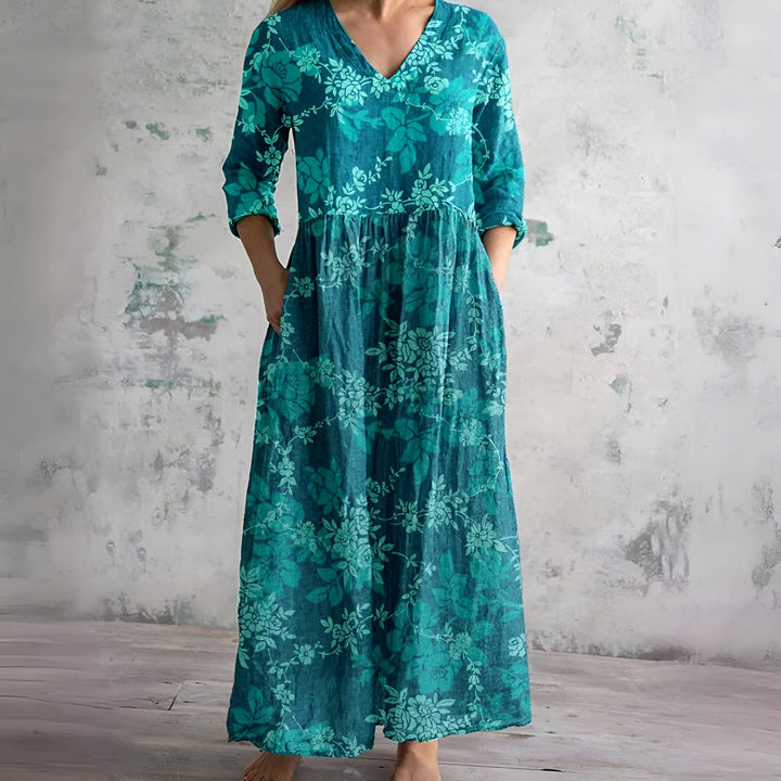 Light & flowy women's V-neck maxi dress with floral print. Great for summer, comfort & beach.
