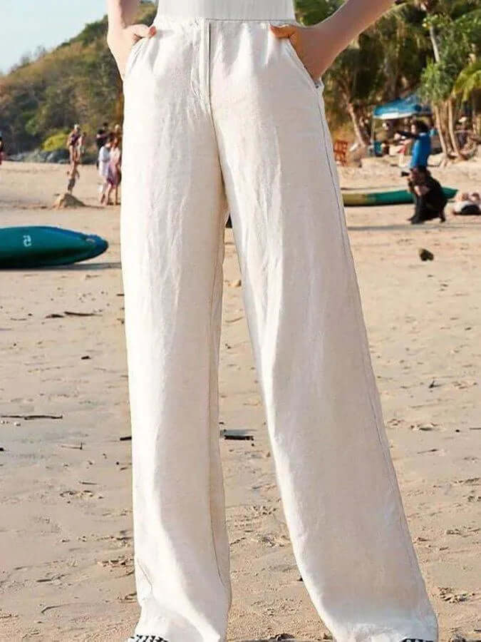 Women's wide-leg linen trousers, perfect for comfortable, breathable summer & resort style.