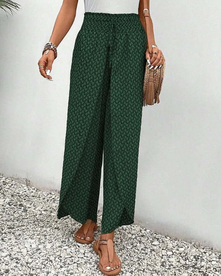 Elegant women's wide-leg pants, showcasing their graceful drape and comfort.