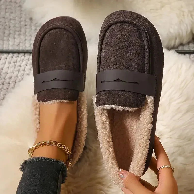 Classic women's penny loafers featuring fluffy lining, versatile casual footwear for any day.