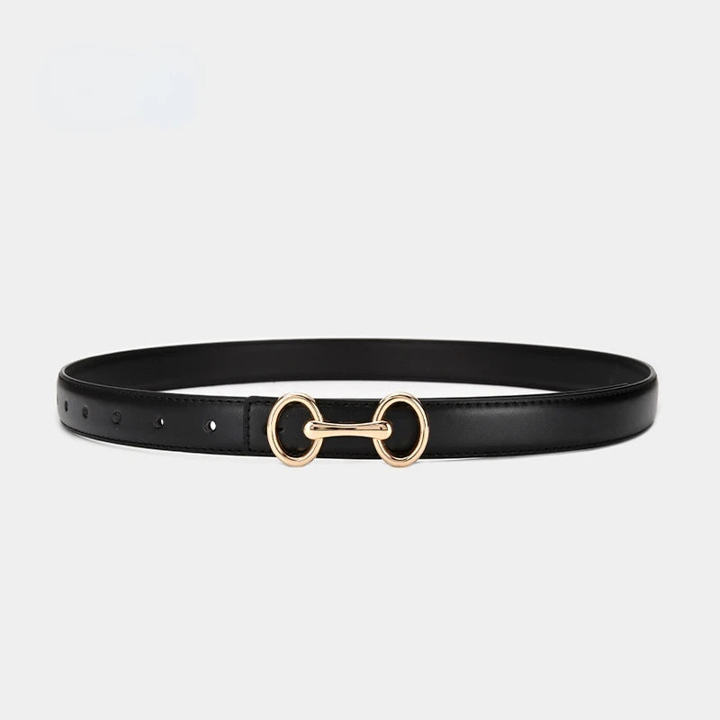 Stylish women's black leather accent belt, adorned with a unique Celtic charm buckle, elevating any outfit effortlessly.