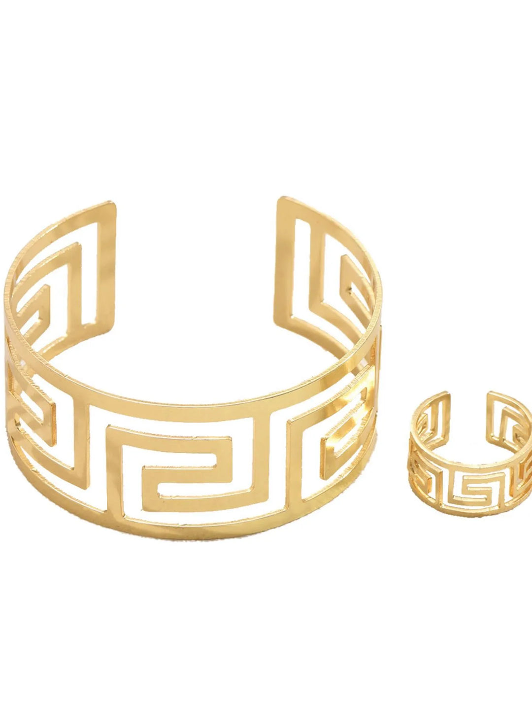 Elegant geometric gold tone bracelet & ring set for women. Stylish statement jewelry, ideal gift for her.