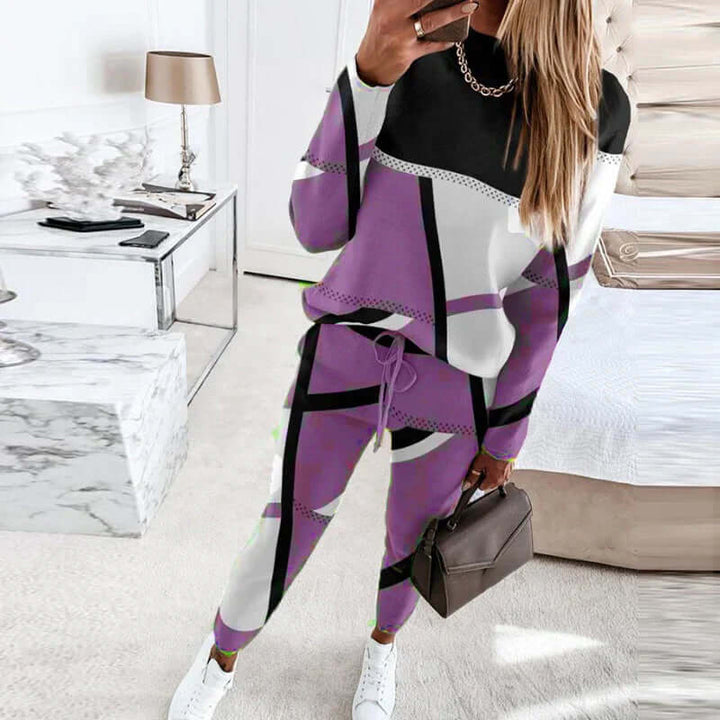 Women's geometric knit loungewear, includes soft long-sleeve top & matching jogger pants.