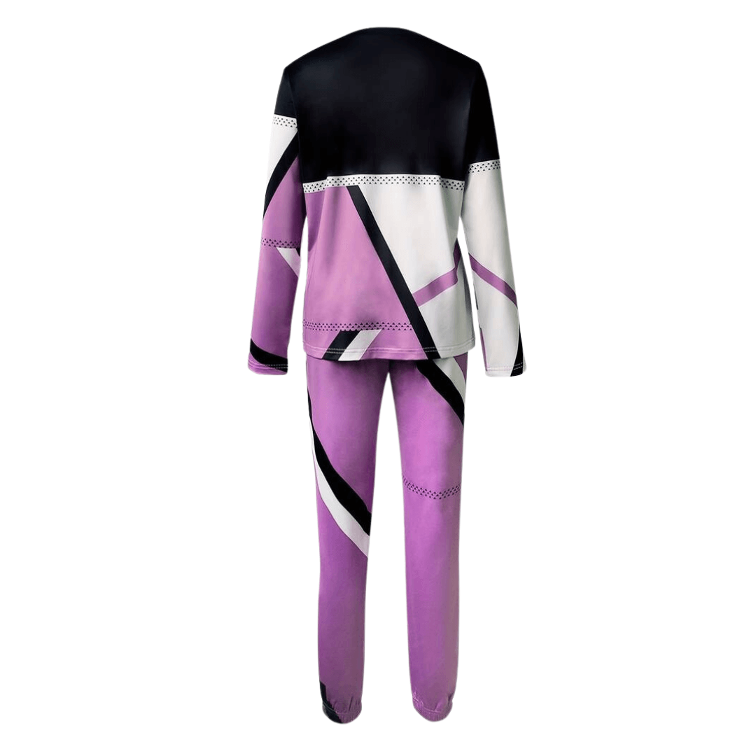 Modern women's geometric knit loungewear set, stylish two-piece outfit perfect for home or errands.