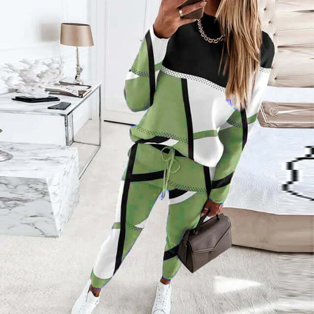Green women's knit loungewear set, geometric pattern, comfortable two-piece with jogger pants.