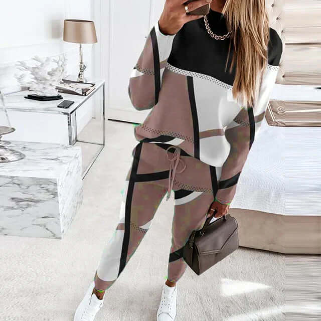 Grey geometric knit loungewear set, women's cozy outfit, stylish two-piece with jogger pants.