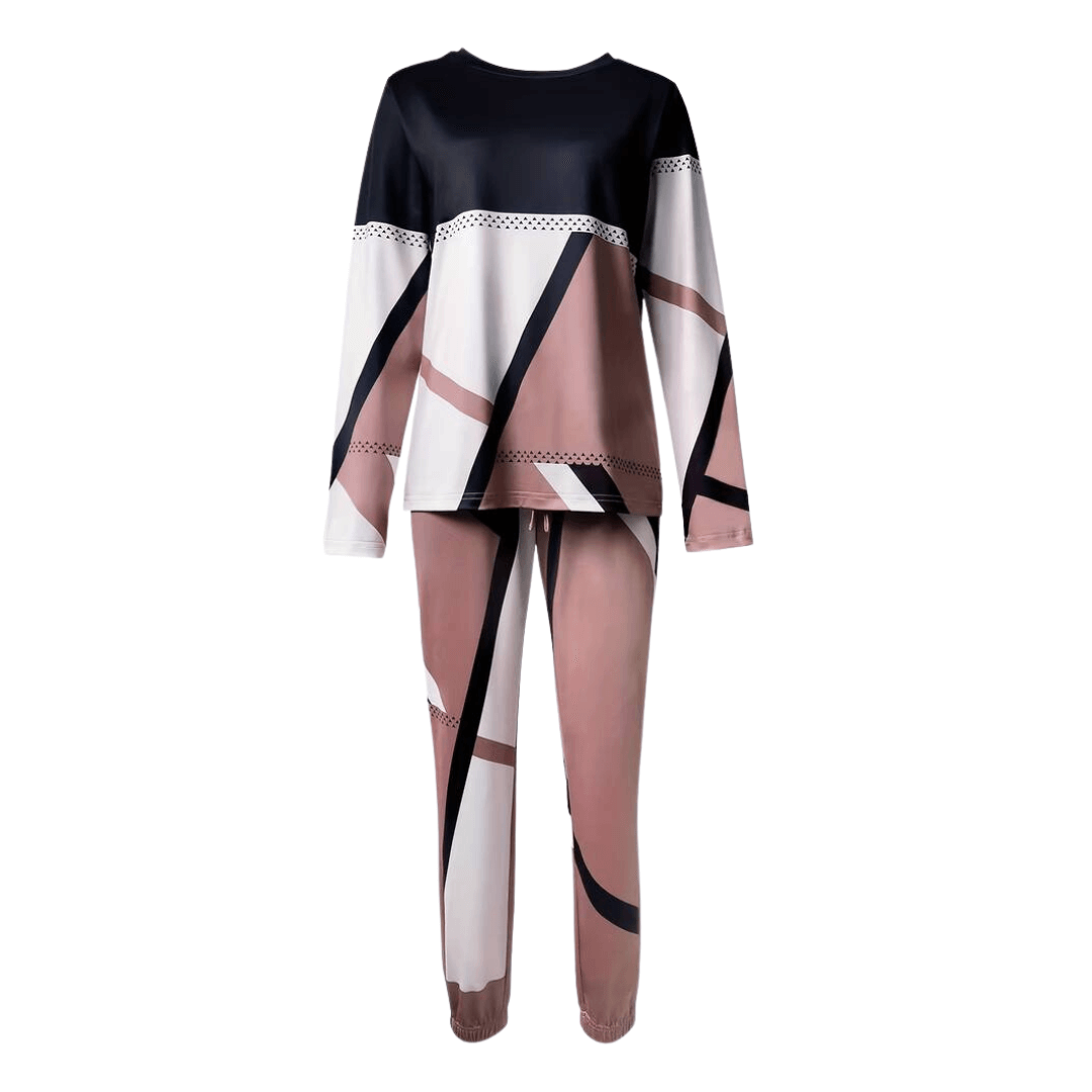 Brown women's geometric knit loungewear set, comfortable two-piece, ideal for casual wear.