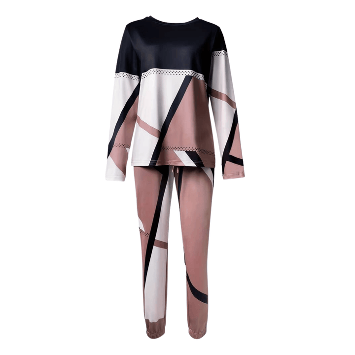 Brown women's geometric knit loungewear set, comfortable two-piece, ideal for casual wear.