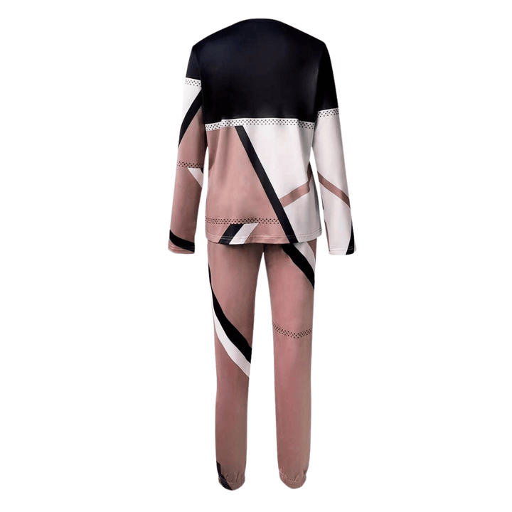Stylish women's geometric knit loungewear set, super comfortable two-piece outfit for relaxing.