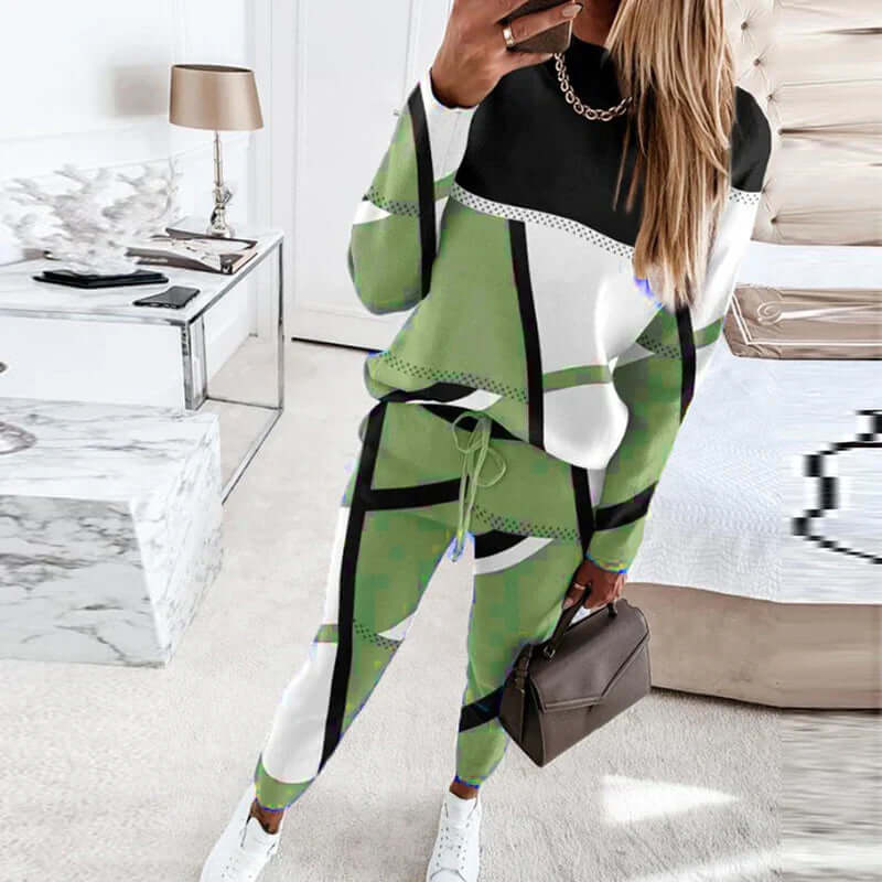 Geometric knit loungewear set, women's cozy top & jogger pants, perfect for casual comfort.