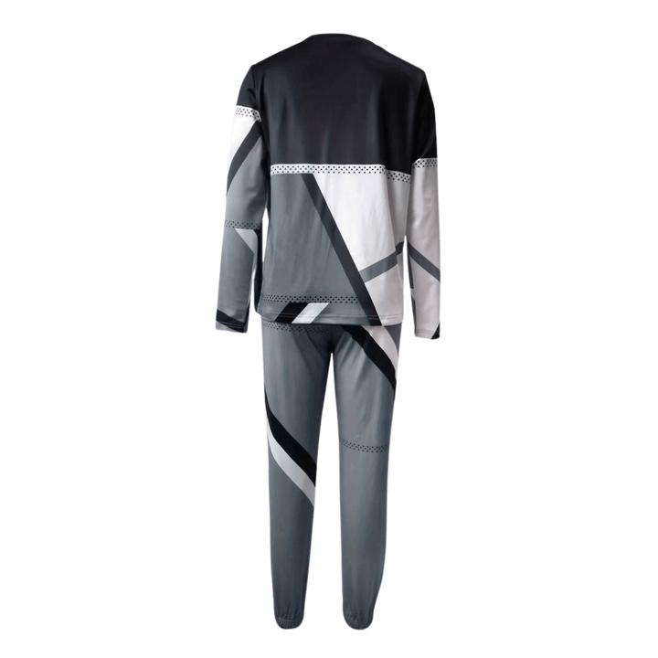 Chic women's knit loungewear set, geometric design, versatile two-piece for cozy casual wear.
