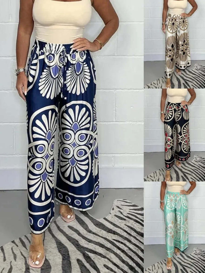 Women's geometric print palazzo pants, flowy rayon blend for stylish comfort & casual wear.