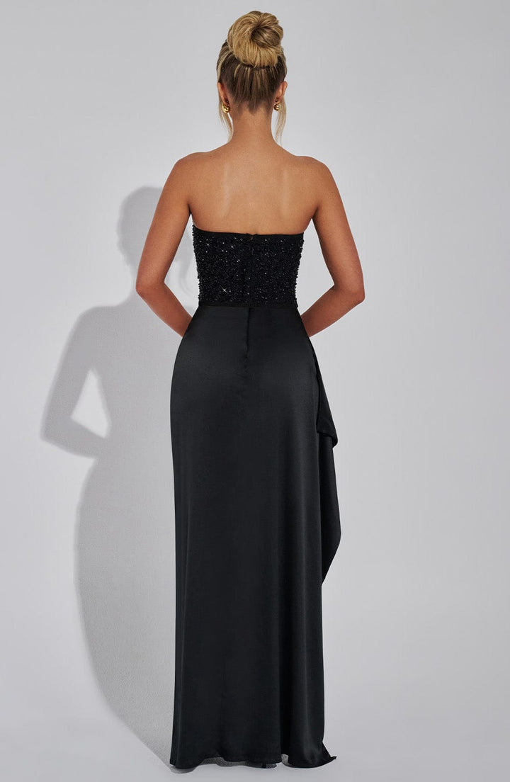 Chic women's black beaded corset evening maxi dress, a sophisticated choice for any formal occasion.