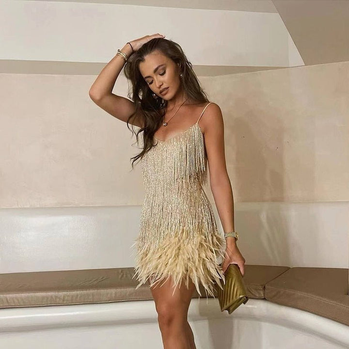 Glamorous women's feather mini dress, designed with a flattering fit for unforgettable special occasion and party nights.