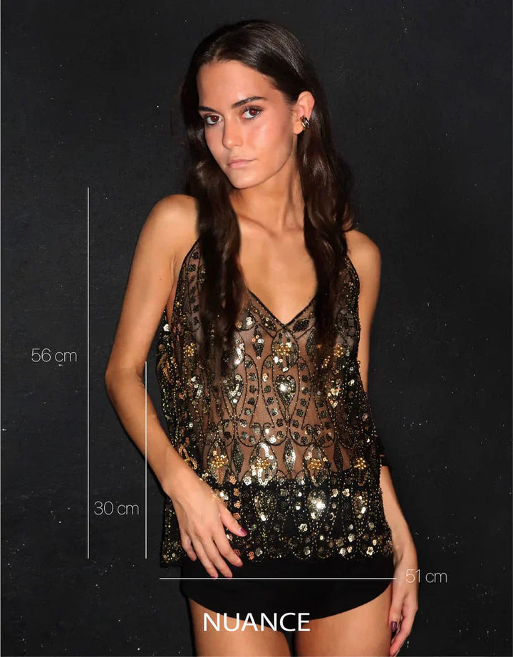 Sparkling women's party top with short sleeves & pearl details, a glamorous design for special evening occasions.
