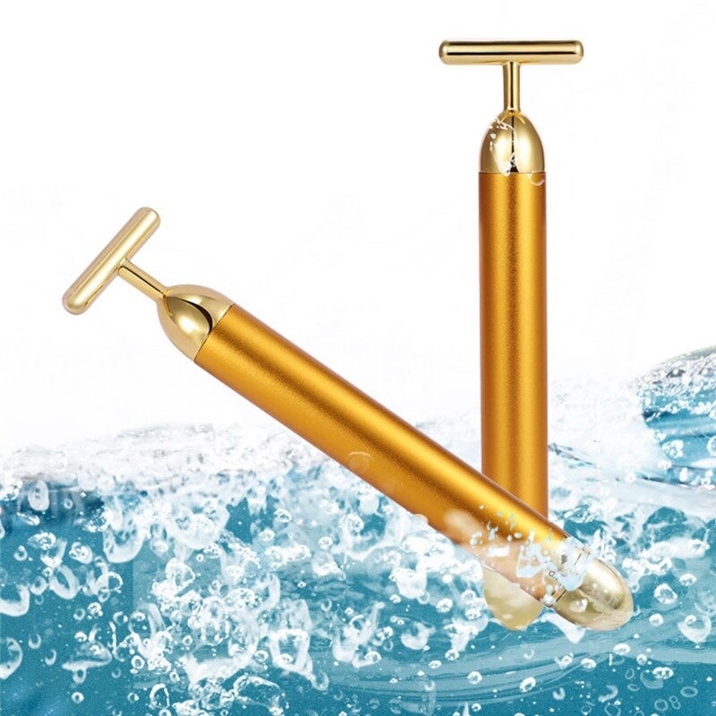 Luxurious gold vibrating face massager for women. Reduces puffiness, boosts circulation & aids anti-aging skincare.