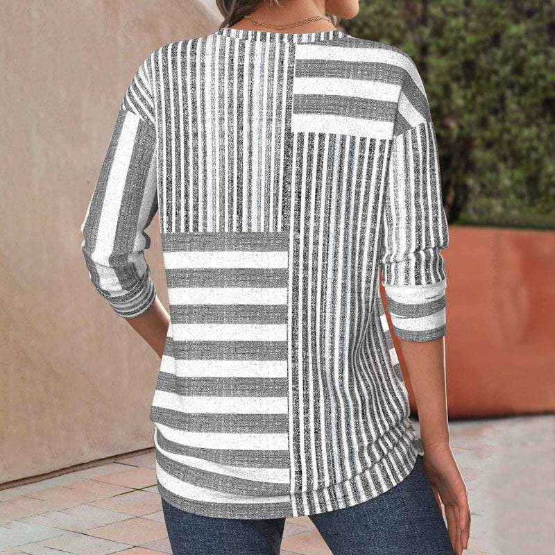 Striped women's long sleeve blouse in grey, relaxed fit for effortless everyday style and comfort wear.