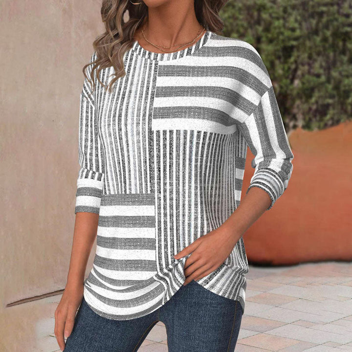 Casual chic women's grey striped long sleeve blouse, relaxed fit for versatile everyday fashion & comfort.