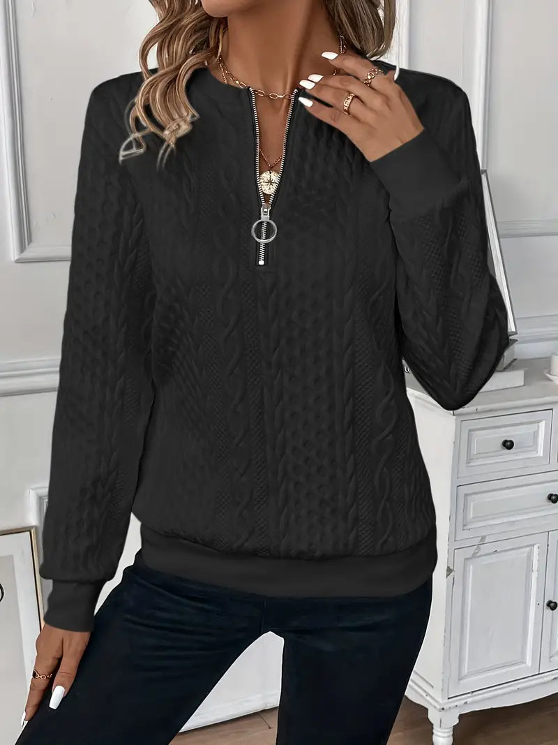 Women's fashion half-zip jumper. Cable knit design & ribbed hem for chic layering.