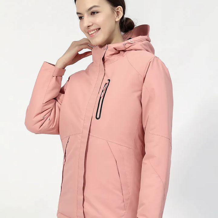 Close-up of USB-powered heating element detail in a women's thermal winter jacket. Essential for cold weather.