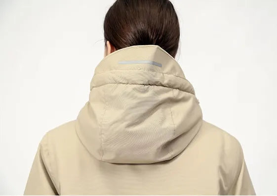 Comfortable women's heated jacket with hood, ideal for outdoor activities. Your go-to cold weather, thermal jacket.