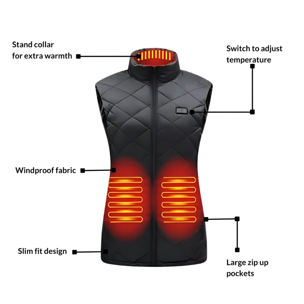 Electric women's heated gilet. USB powered winter outerwear, providing outdoor warmth & cold weather protection.