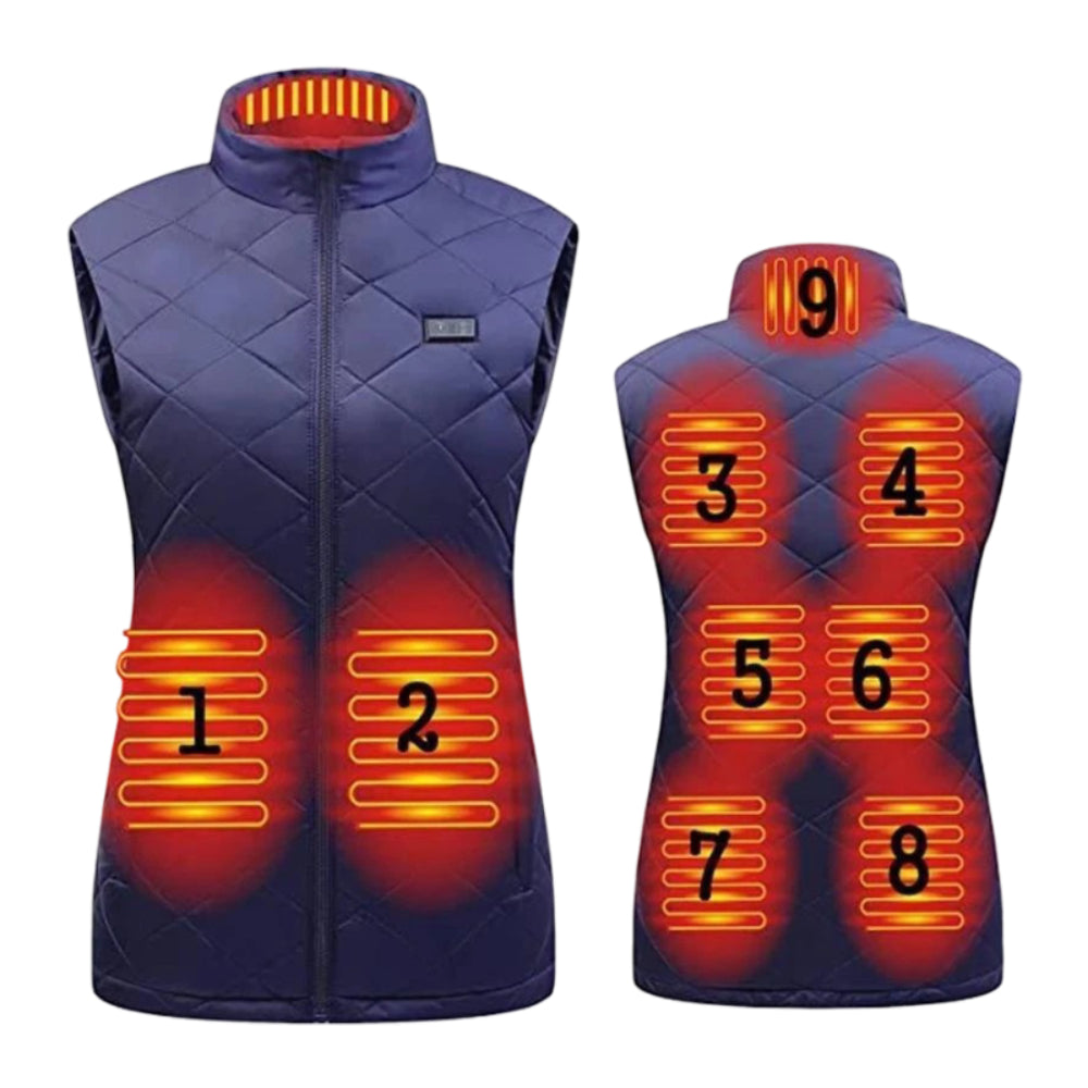 Women's heated vest, electric outdoor winter warmth. Slim fit gilet, ideal cold weather apparel.