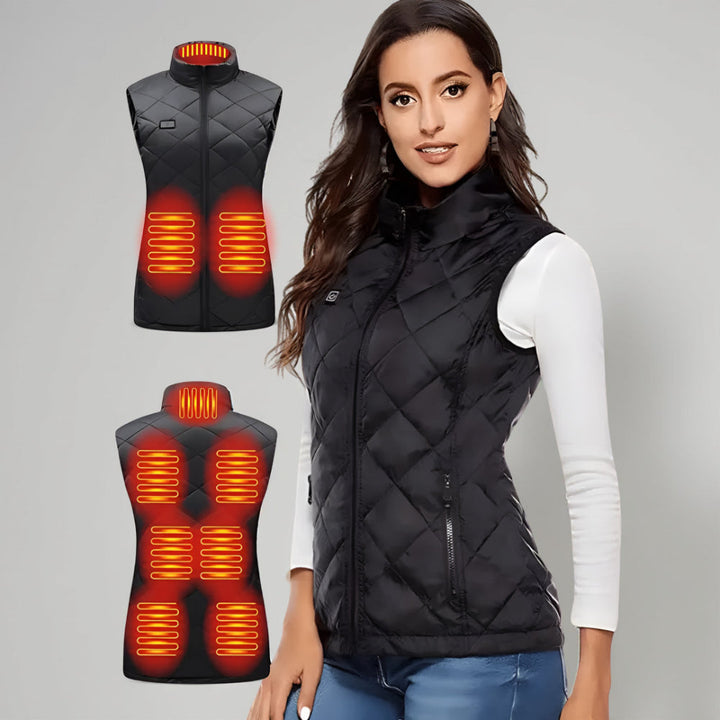 Slim fit women's heated vest, electric for outdoor activities. Warm winter apparel & cold weather gear.