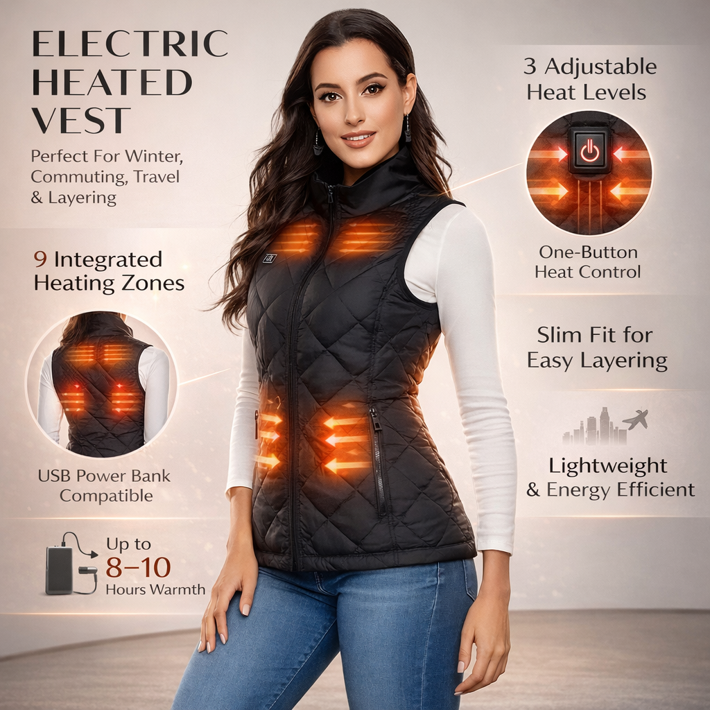 Winter outerwear: women's heated vest. Electric gilet provides outdoor warmth for cold weather gear.
