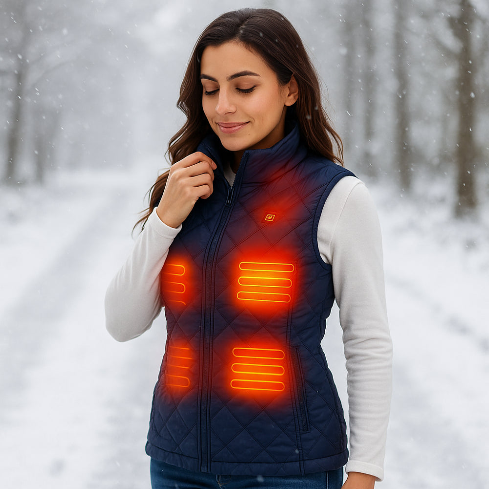 Women's USB heated vest, perfect electric gilet for outdoor winter activities. Slim fit cold weather apparel.