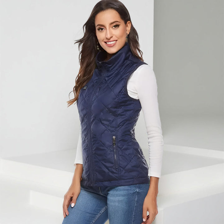 Heated vest for women, electric outdoor winter warmth. Slim fit gilet, essential cold weather gear.