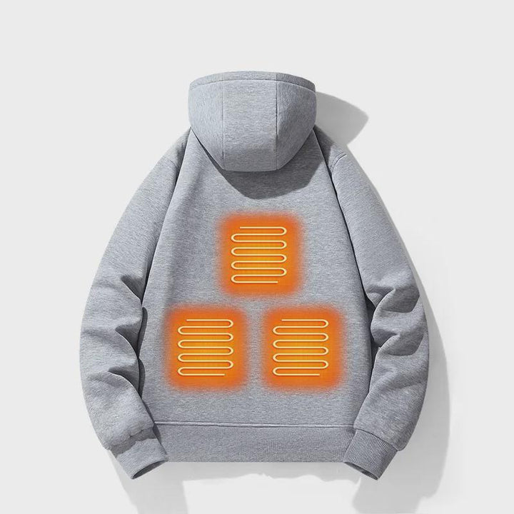 Stylish women's heated hoodie with electric heating. Ideal zip-up thermal jacket for cold weather warmth.