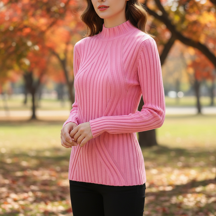 Women's high neck slim fit ribbed jumper with elegant diamond pattern, perfect for autumn & winter style.