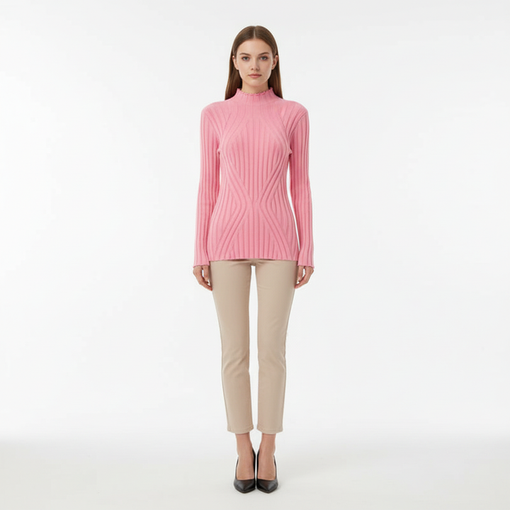 Close-up of a women's high neck knitted jumper, showcasing its elegant ribbed texture & diamond pattern.